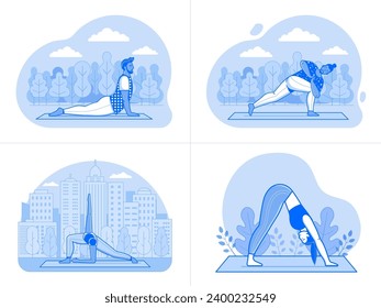 Men and women meditating and doing fitness exercises outdoors. Diverse people practicing yoga in city park. Outdoor workout line art scenes with male and female training at nature.