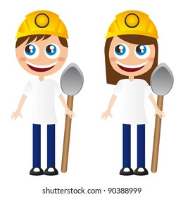 men and women miners cartoons shovel and helmet. vector