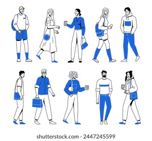 Men and women in motion, isolated set of people strolling with cup of coffee. Vector wandering and hurrying students and youth, lady in dress and businesswoman with bag. Crowd of citizens