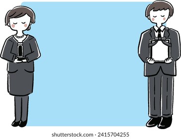 Men and women in mourning clothes full body hand drawn style frame illustration