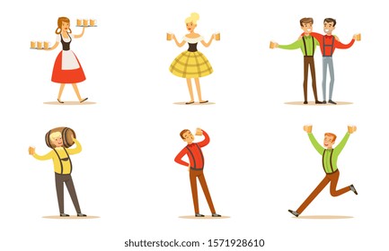Men and women with mugs and a barrel of beer. Set of vector illustrations.
