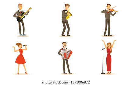 Men and women musicians and singers. Set of vector illustrations.