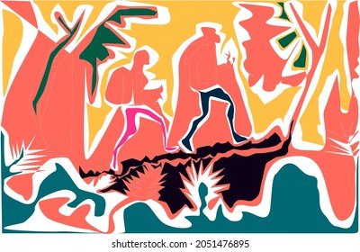 men and women nature lovers walking in the forest exploring. design and colorful concept illustration for forest excursions