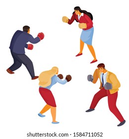 men and women in office clothes box with each other, aggression, defense, argument, assault, discussion, isolated object on a white background, vector illustration