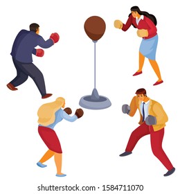 men and women in office clothes face each other a sports punching bag with boxing gloves, aggression, defense, attack, isolated object on a white background, vector illustration