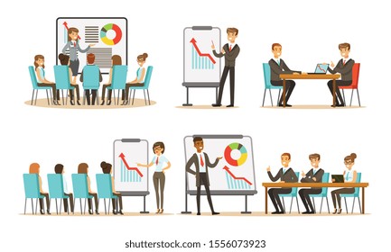 Men and women in the office at the meeting. Vector illustration.