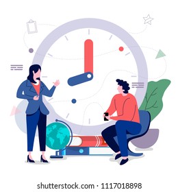 Men and women office workers With time management to optimize the business. Vector illustrations. Flat design concept.