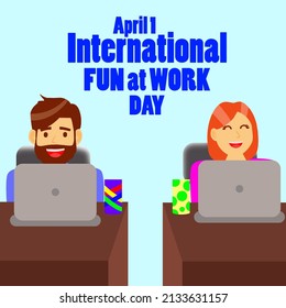 Men And Women As Office Workers Are Working With Laptop At Their Respective Desks And Bold Texts, International Fun At Work Day April 1