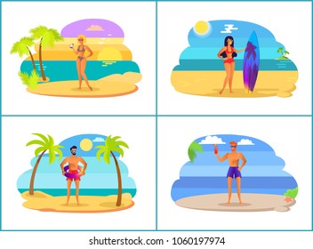 Men and women on summer vacation near sea set. People on beach among palms and sea. Summer vacation at tropical country isolated vector illustrations.
