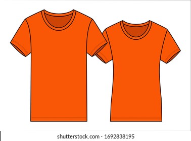 Men & Women Orange T-Shirt Vector For Template With Front View.