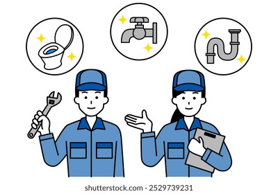 Men and women in overalls solving plumbing problems