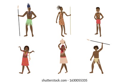 Men and women Papuan in traditional costumes vector illustration