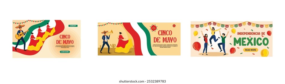 Men and women in parade on the occasion of Cinco de Mayo. Mexican Cinco de Mayo with female dancers and mariachi musicians. Happy Cinco de Mayo. Set flat vector modern illustrations