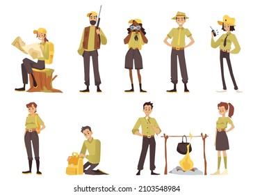 Men and women Park Rangers and Forest Officers, isolated cartoon vector characters. Hunter with rifle, black female ranger with binoculars, guard speaking with walkie talkie, cooking food on fire.