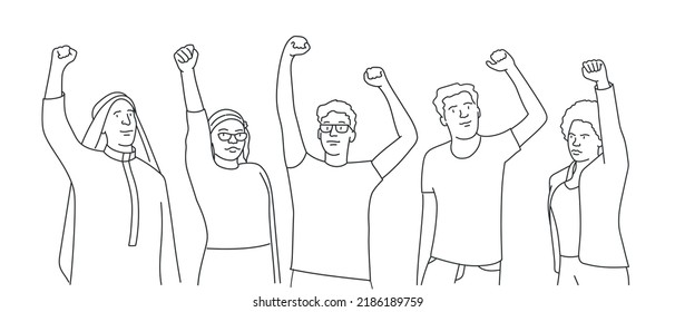 Men and women, peaceful rights protest, manifestation. Hand drawn vector illustration. Black and white.