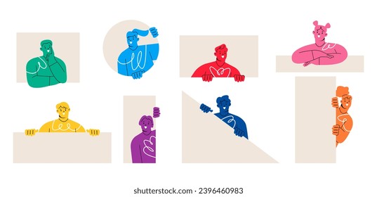 Men and women peeping. Cheerful, curious, happy people set. Colorful vector illustration
