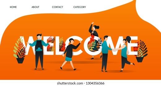 
men, women and people who get acquainted with each other in the words "WELCOME". the team shook hands to greet and introduce themselves  for web page, banner, presentation,concept Vector illustration