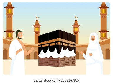 Hombres y mujeres realizan el peregrinaje Hajj en La Meca. Peregrinos del Hajj vestidos con ropa de ihram rezan frente a la Kaaba. Concepto de peregrinación islámica Hajj. Ilustración vectorial plana.