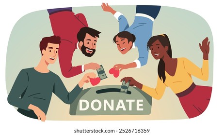 Men, women person donating money, hearts for charity. People group giving dollar banknotes as donation. Charity fundraising help, savings, finance investment support concept flat vector illustration