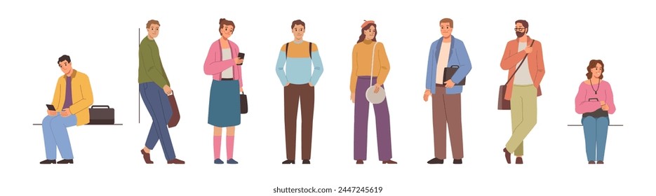 Men and women personages waiting, standing or sitting in line. Vector isolated characters looking at smartphone screens, looking aside. Fashionable male and female passengers, crowd of people