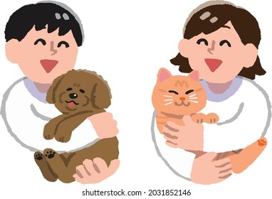 Men and women in plain clothes holding dogs and cats