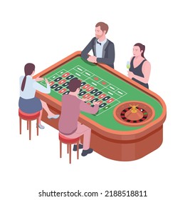 Men and women playing casino roulette 3d isometric vector illustration