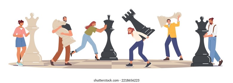 Hombres y mujeres jugando al ajedrez moviendo enormes piezas negras y blancas a bordo. Juego estratégico, pensamiento, planificación de superioridad y concepto táctico con personajes masculinos o femeninos. Ilustración del vector de dibujos animados