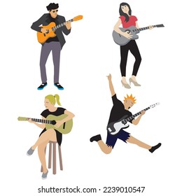 Men and Women Playing Guitar Set, Musician Guitarist Characters Performing at Concert Cartoon Style Vector Illustration