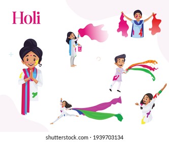 Men and women are playing Holi. Vector graphic illustration. Individually on white background.