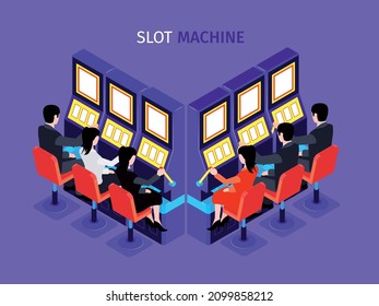 Men and women playing on slot machines at casino club on violet background 3d isometric vector illustration