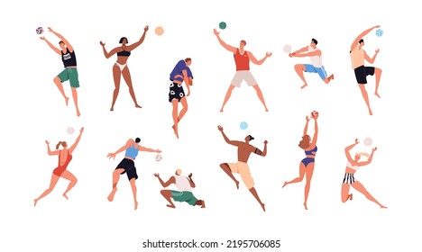 Men, women playing summer beach volleyball set. Volley ball players in action during active sport game. People in bikini at beachvolley. Flat graphic vector illustrations isolated on white