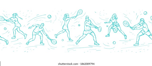 Men and women playing tennis. Tennis sports contest. Graphic seamless border vector sketch pattern with athletes. Racket sport game. Design for banner and web design