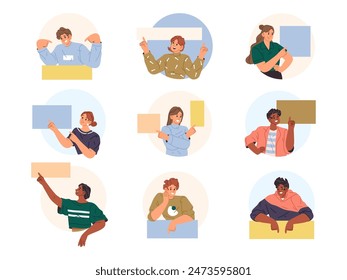 Men and women pointing fingers at banners with copy space for text. Vector isolated set of cheerful personages asking for advice, advertisement of product, or recommendations from friends