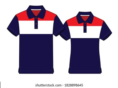 Men & Women Polo Shirt Design Navy/White/Red Vector, Front View.