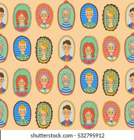 Men and women portraits doodle funny family characters seamless vector pattern