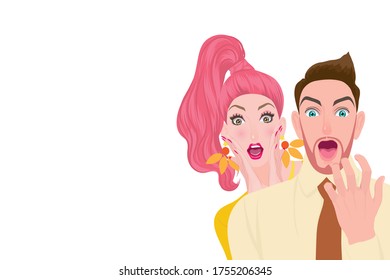 Men and women pose shocked excited excited cartoon style vector illustration character