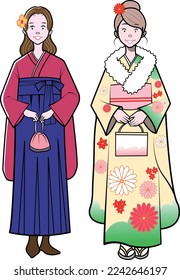 Men and women posing in formal attire and kimonos