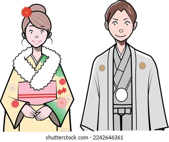 Men and women posing in formal attire and kimonos