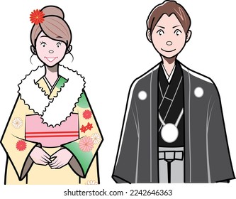 Men and women posing in formal attire and kimonos