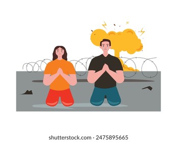 Men and women in the position begging to stop the war, scene behind the explosion. Character design. Vector flat illustration