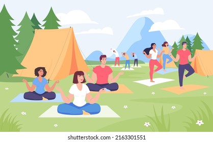 Men and women practicing yoga in camp. Outdoor yoga practice, people sitting and standing in different poses flat vector illustration. Healthy lifestyle, camping concept for banner, website design