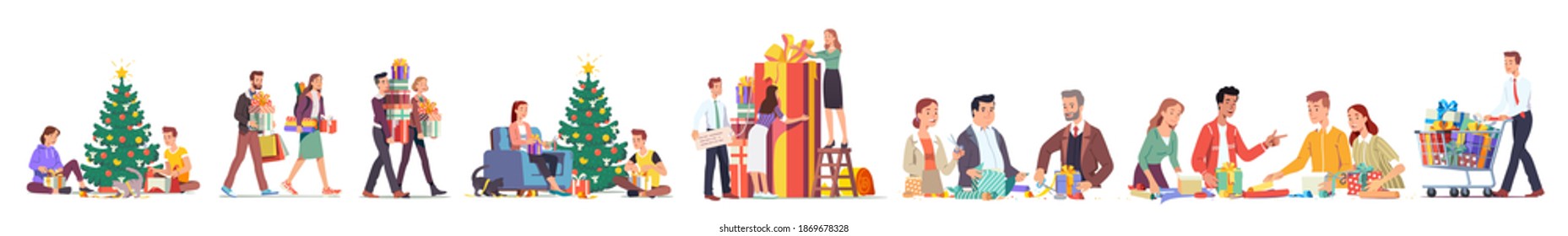 Men and women preparing unwrapping Christmas gifts set. People buying carrying opening gift boxes near decorated fir-tree. Christmas Eve, Xmas, New Year Day. Flat style vector illustration collection