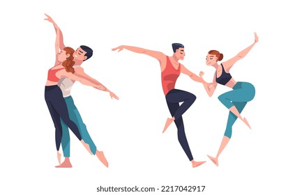 Men and women professional dancers training and exercising in studio, performing choreographic elements cartoon vector illustration
