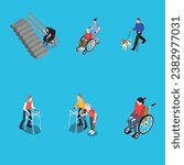 Men and women with prosthesis and wheelchair, deaf-mute people and blind man with dog escort. isometric 3d vector illustration concept