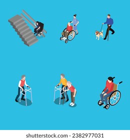 Men and women with prosthesis and wheelchair, deaf-mute people and blind man with dog escort. isometric 3d vector illustration concept