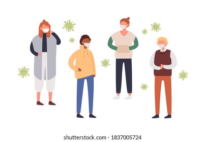 Men and women in protective face masks vector flat illustration. Group of people in protective respirators from virus, infection, flu isolated. Coronavirus outbreak, seasonal disease spread