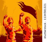Men and Women protest fist revolution poster design. Propaganda Background Style. Revolution raising The Flag.