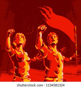 Men and Women protest fist revolution poster design. Propaganda Background Style. Revolution raising The Flag.