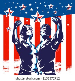 Men And Women Protest Fist Revolution Poster Propaganda Design. Vintage American Flag Background.