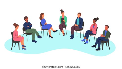 Men and women at a psychologist's appointment, the concept of group therapy, working in a group, a survey. People sit on chairs in a semicircle. Flat cartoon vector illustration.